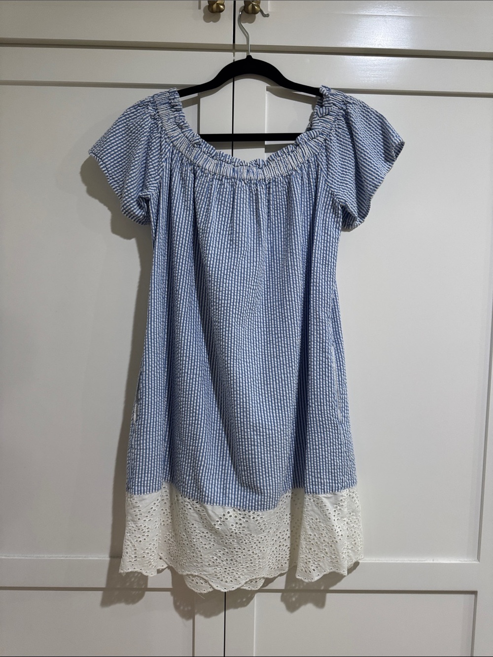 Women’s Blue Seersucker Off-Shoulder Dress with White Eyelet Hem